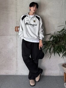 DAZY 男士字母印花條紋鈕扣半拉鍊運動衫 - 彩色 - 查看 1