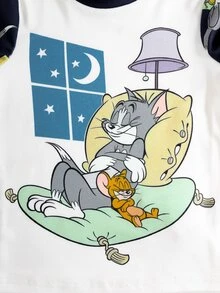 TOM & JERRY X SHEIN Young Boy Cartoon Print Short Sleeve Top And Long Pants Casual Daily Home Pajama Set - Blue - View 3