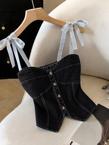 GlowEve Women's Front Button Camisole Denim Top - Black - View 6