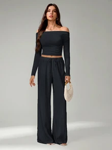 SHEIN Tall Loose Drawstring Waist Trousers In Textured Crinkle Fabric - Dark Grey - View 8