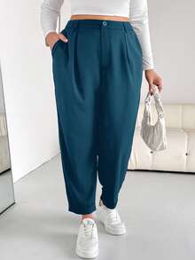 SHEIN Essnce Plus Size Casual Versatile Solid Color Pants - Blue - View 1