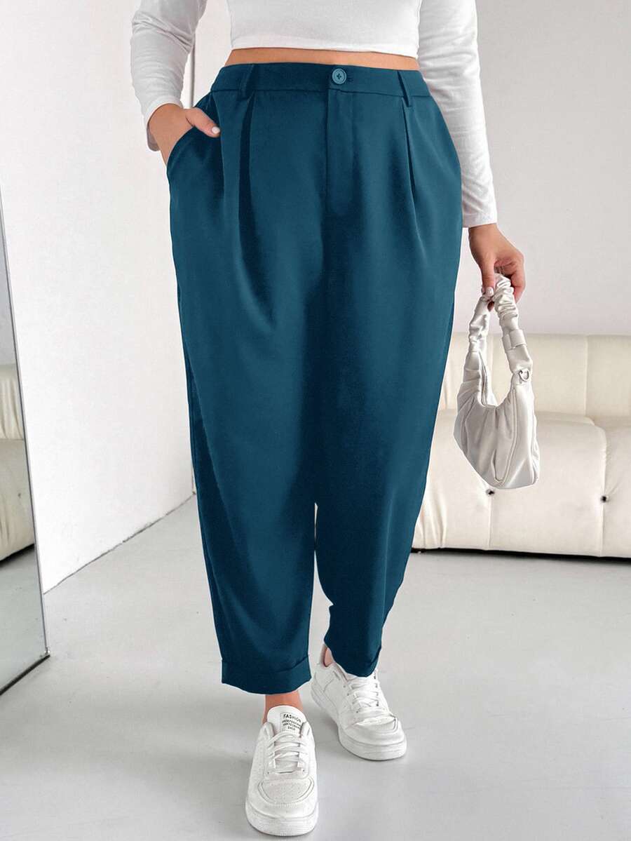 SHEIN Essnce 大尺碼休閒百搭純色長褲 - 藍色 - 查看 1