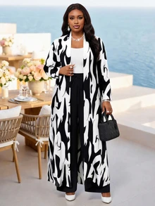 SHEIN Lady CURVE Plus Size Fashion Commuter All-Over Print Jacket & Pants 2 Pieces Set - Multicolor - View 3