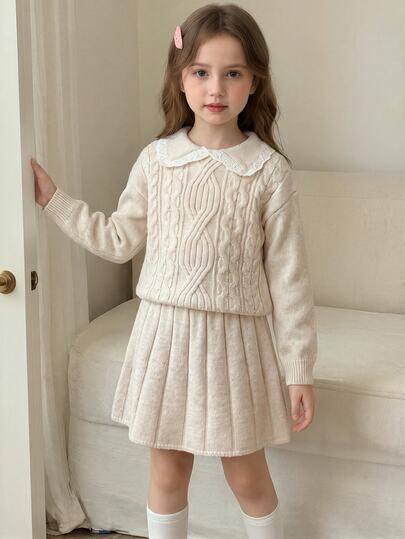 SHEIN Genkimix Kids Fashionable Knitted 2-Piece Set Autumn/Winter Girls' Turn Collar Pullover Sweater French Vintage Cute Chunky Knit Apricot Pullover Sweater And Knitted Skirt Winter Outfit, Autumn/Winter Elegant Style Girls, Suitable For Daily Wear, School, Outings, Parties