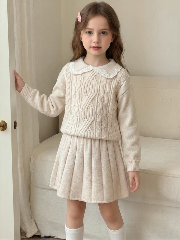 SHEIN Genkimix Kids Fashionable Knitted 2-Piece Set Autumn/Winter Girls' Turn Collar Pullover Sweater French Vintage Cute Chunky Knit Apricot Pullover Sweater And Knitted Skirt Winter Outfit, Autumn/Winter Elegant Style Girls, Suitable For Daily Wear, School, Outings, Parties