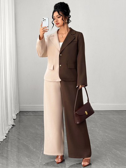 Elenzga European & American Plus Size Women's Premium Gray-Brown Suit 2 Pieces Set, Lazy Commuter Style, Lightweight Wrinkle-Resistant Tencel Fabric, Padded Shoulder Loose Blazer With Draped High-Waist Wide-Leg Long Pants