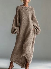 LUMIGAL Đầm len dệt kim nữ màu trơn phong cách thường ngày dự tiệc - Màu Khaki - Xem 4