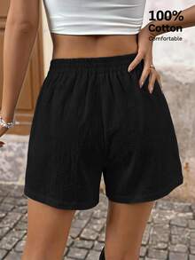 Brillora Cotton Drawstring Casual Shorts, Black For Summer Beach Shopping,100% Cotton,Beach,Vacation - Black - View 2