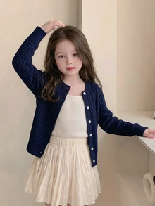 Dazy Kids Young Girls' Casual Cardigan Sweater, Basic Autumn/Winter Outer Layer, Navy Blue Contrast Color Button Front - Navy Blue - View 5
