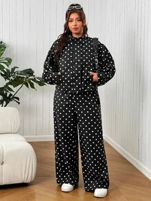 SHEIN EZwear Setelan 2 Potong Jaket & Celana Motif Polkadot Kasual Musim Gugur Ukuran Besar untuk Kostum Halloween Musim Gugur - Hitam - View 3