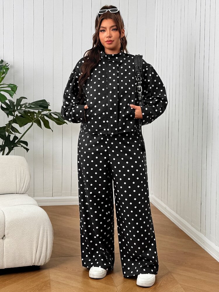 SHEIN EZwear 大尺碼秋季休閒波點印花夾克與長褲兩件套萬聖節服裝 - 黑色 - 查看 3