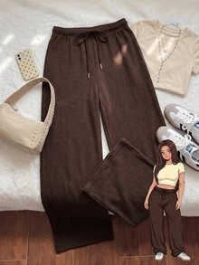 Comfortcana Autumn/Winter Black & White Striped Casual Versatile Drawstring Plus Size Pants - Brown - View 13