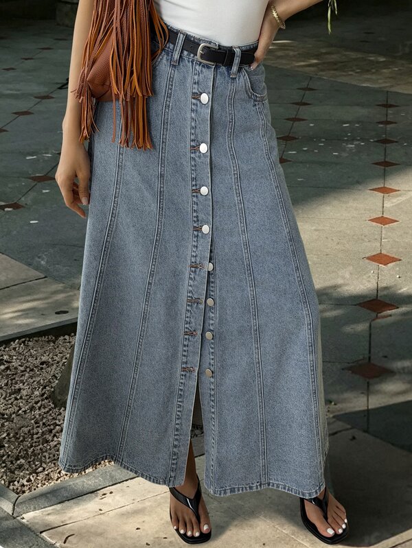 DAZY Rok Denim Panjang Wanita Kasual Kancing Tunggal
