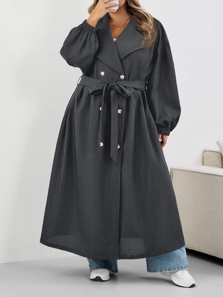 SHEIN CURVE+ Plus Size Women's Black Long Trench Coat, Black Long