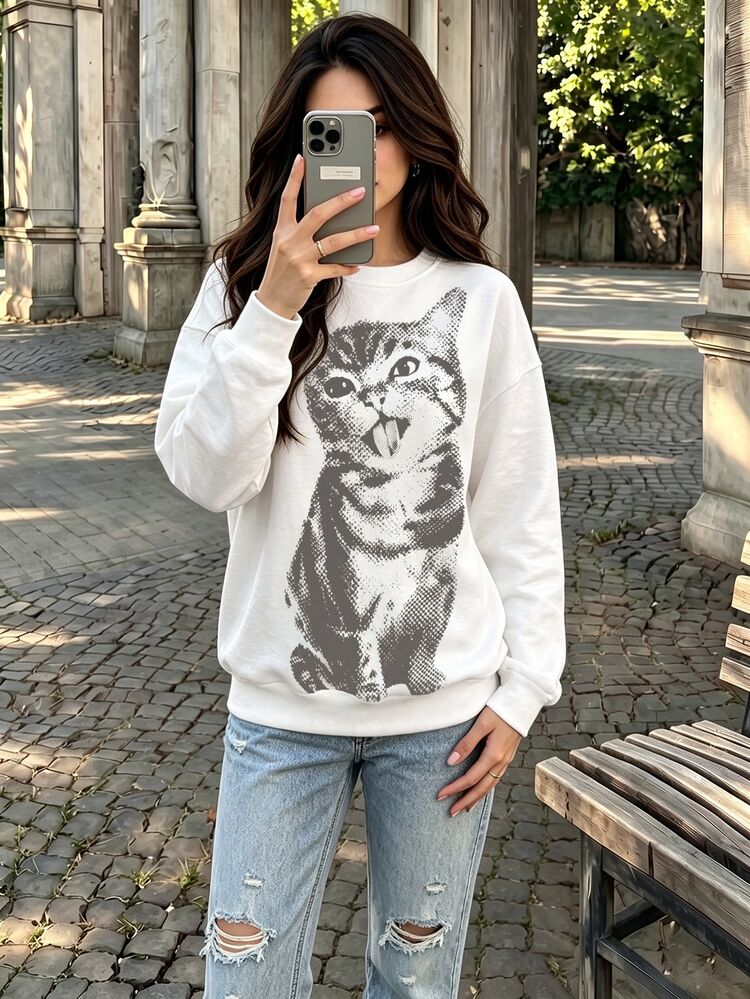 Modelyn Vintage Pixel Dot Cat Print Women's Sweatshirt, Spring/Autumn Fashion Crew Neck Long Sleeve Pullover, Suitable For Casual Daily Wear And Street Style - Multicolor - View 5