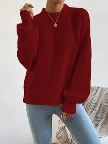 SHEIN 女款秋冬優雅酒紅色圓領羊毛混紡針織燈籠袖套頭毛衣，適合日常購物、休閒、度假、旅行、約會 - 酒紅色 - 查看 5