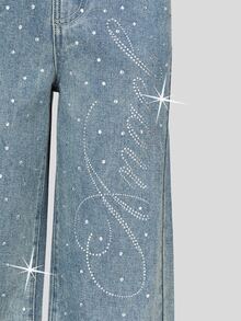 SHEIN Girls' Y2K Washed Distressed Rhinestone Letter Wide Leg Jeans, Tween GirlsElastic Waist Loose Straight Leg Long Pants, All-Over Shiny Rhinestone Decor Vintage Casual Versatile Daily Streetwear Blue Denim - Blue - View 5