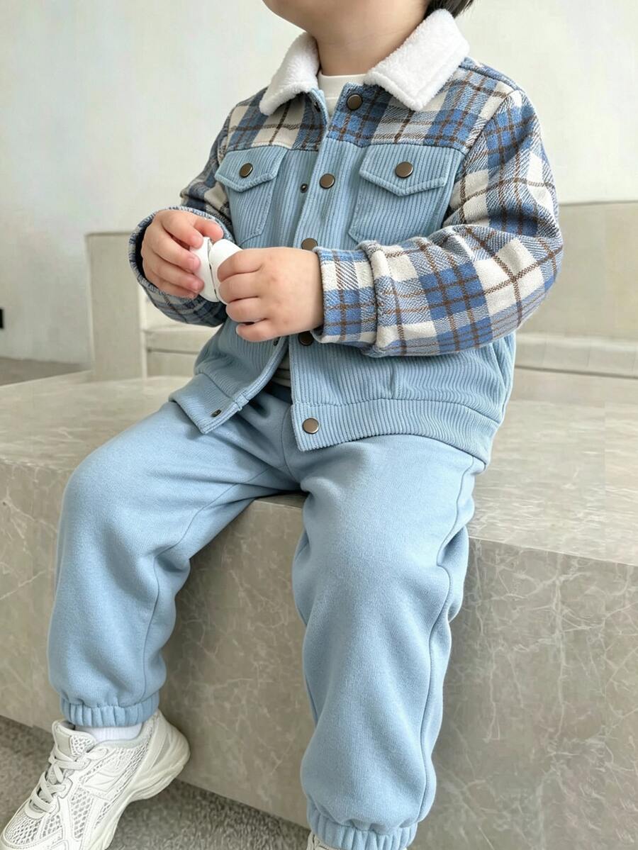 SHEIN 男童夾克外套,毛絨領格紋拼接純色燈芯絨長袖夾克,適合秋季度假、上學、日常外出等場合 - 藍色 - 查看 1