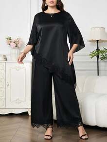 Reflora Plus Size Women Lace Patchwork Top And Pants Casual Daily 2 Pieces Set - Black - View 8