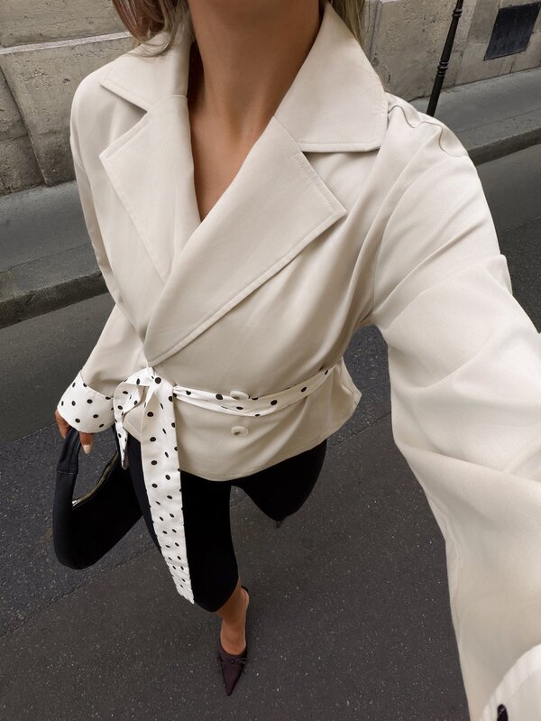 Siren Gaze Short Trench Coat With Beige Polka Dot Patchwork Cuffs And Belt, Suitable For Daily Wear, Commuting, Casual Outings, Autumn Women's Jacket
