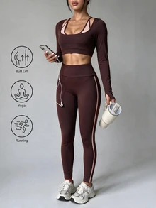 SHEIN Dewbera Women's Colorblock Long Sleeve Top And High Waist Leggings Casual Daily Sports Set - Coffee Brown - View 1