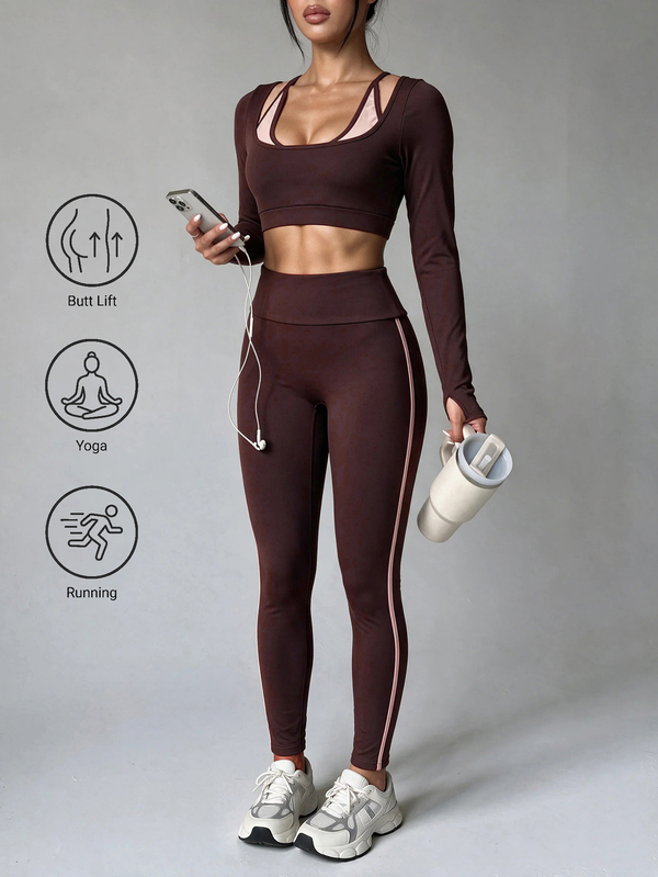 SHEIN Dewbera Women's Colorblock Long Sleeve Top And High Waist Leggings Casual Daily Sports Set