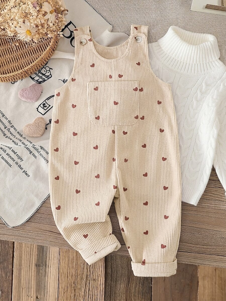 SHEIN 嬰兒女童中性款 0-3 歲幼兒春秋心形印花粉色燈芯絨吊帶褲套裝,胸前口袋設計,休閒版型,適合外出與居家穿著 - 杏色 - 查看 1