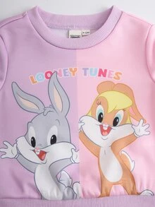 LOONEY TUNES X SHEIN Baby Girl Cartoon Print Sweatshirt & Sweatpants Set - Purple - View 4