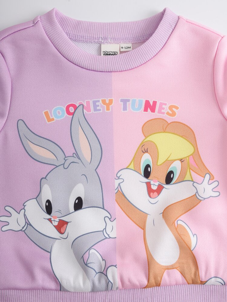 LOONEY TUNES X SHEIN 女嬰卡通印花運動衫與運動長褲套裝 - 紫色 - 查看 4