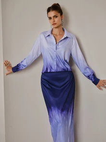ZEYLAH Women's Gradient Color Long Sleeve Top And Skirt Casual 2 Pieces Set - Purple - View 3