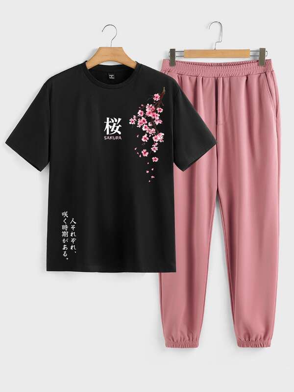 Sorvial Setelan Kaos Lengan Pendek Hitam dan Celana Panjang Tenun Warna Pink Ukuran Standar Pria