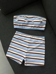 Livesso Bộ bikini 2 mảnh nữ mùa hè đi biển họa tiết sọc, áo bandeau và quần hipster - Nhiều màu - Xem 7