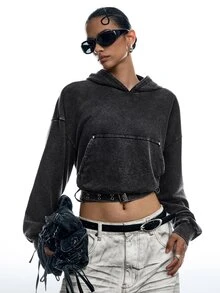 LYSMO Sweatshirt Crop Berkerudung Kasual Wanita dengan Sabuk dan Bahan Washed - Grey - View 5