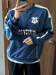 DAZY 男士海軍藍拼接字母印花對比抽繩設計抓絨套頭運動衫 - 藍色 - 查看 4