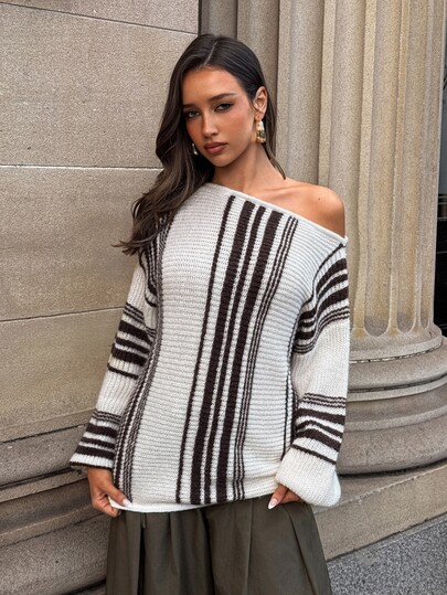 Aloruh Women's Asymmetric Shoulder Colorblock Casual Daily Long Sleeve Sweater,New Fall Styles