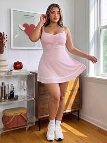 SHEIN Sovereign Charm Plus Size Women's Colorblock Pleated Casual Daily Sports Spaghetti Strap Dress - Pink - View 4
