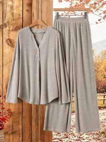 Rusticease Women's Autumn Casual Striped Shirt And Pants 2 Pieces Set - Khaki - View 1