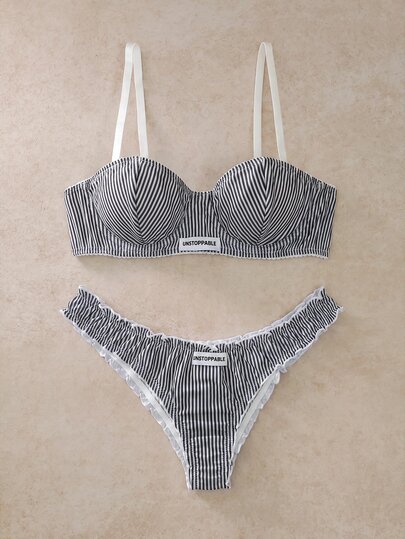 EverLounge 2pcs Striped 3/4 Cup Underwire Molded Cup Push-Up Support Lace Trim Bow Women's Lingerie Set