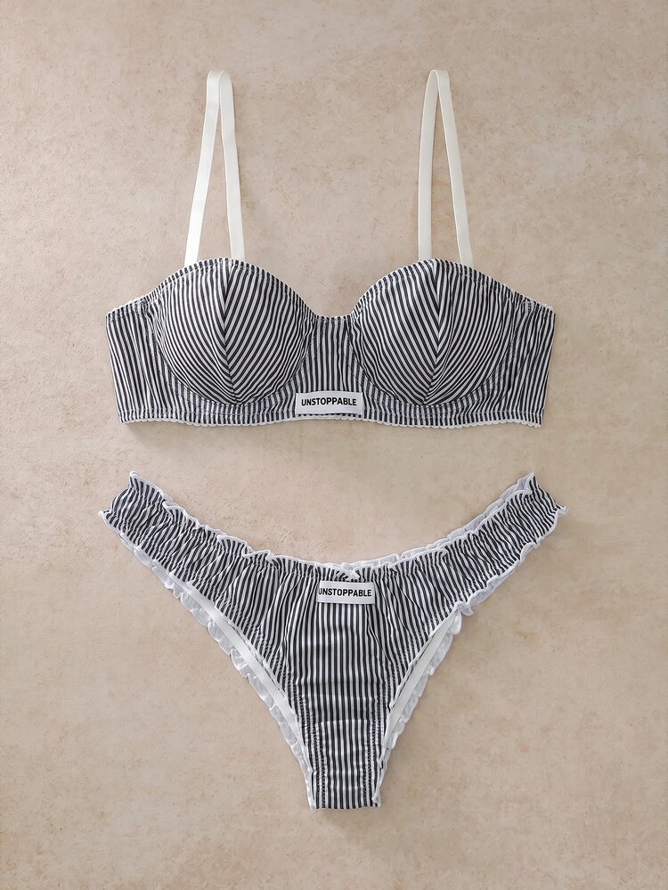 EverLounge 2pcs Striped 3/4 Cup Underwire Molded Cup Push-Up Support Lace Trim Bow Women's Lingerie Set - Black - View 1