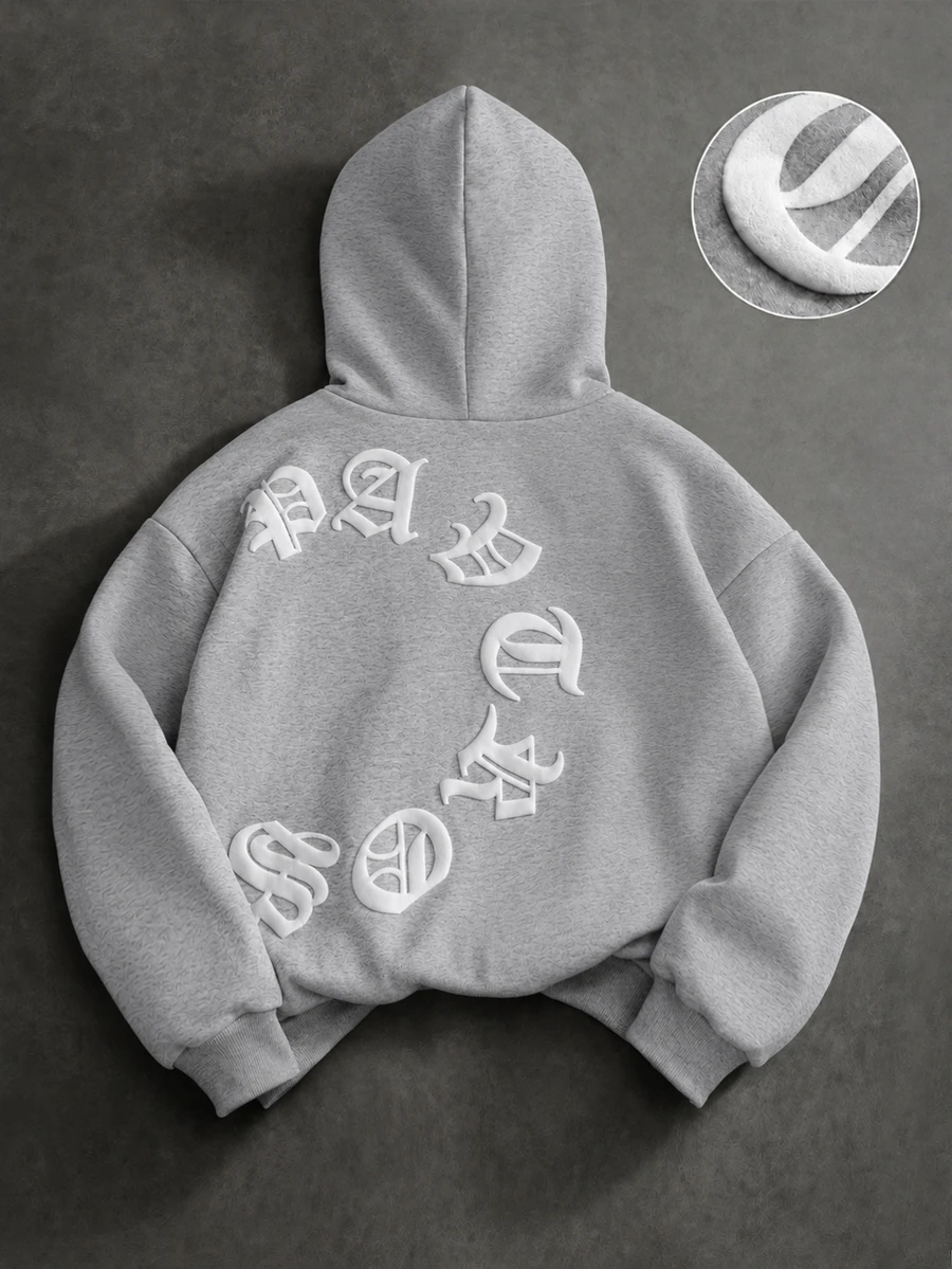 1 buah Jaket Sweatshirt Hoodie Fleece Kasual Anak Laki-laki, Cetakan Huruf Gothic di Dada, Cetakan Busa 3D di Belakang, Manset Bergaris, Cocok untuk Pemakaian Sehari-hari, Sekolah, Musim Gugur/Dingin - Light Grey - View 1