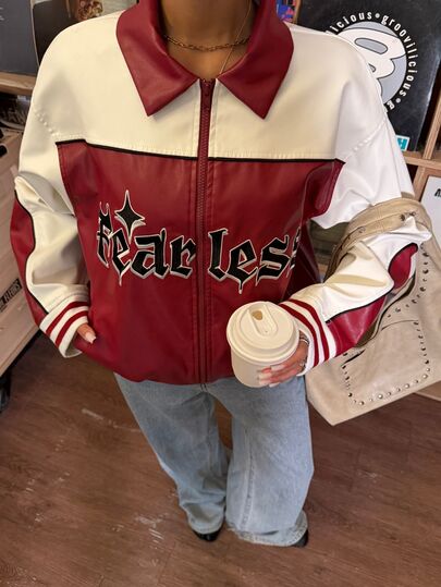 Muchica Motorcycle Style Colorblock Patchwork Letter Embroidery PU Leather Jacket