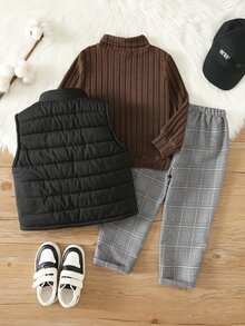 SHEIN 兒童小男孩彩色條紋圓領長袖套頭運動衫，彈性腰長秋季長褲，3件套，百搭舒適 - 彩色 - 查看 2