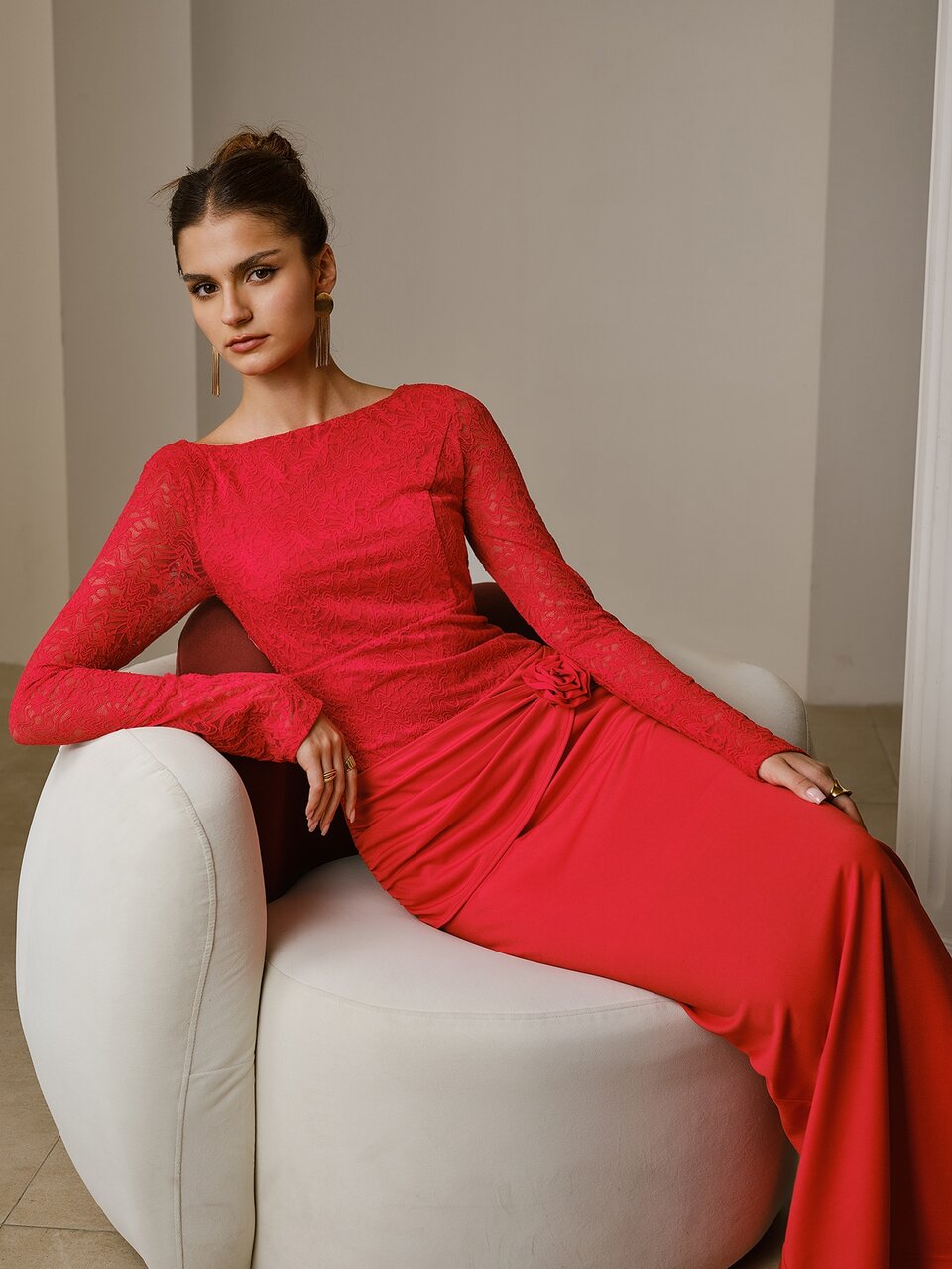 ZEYLAH Off-The-Shoulder Long Sleeve Lace Patchwork Dress