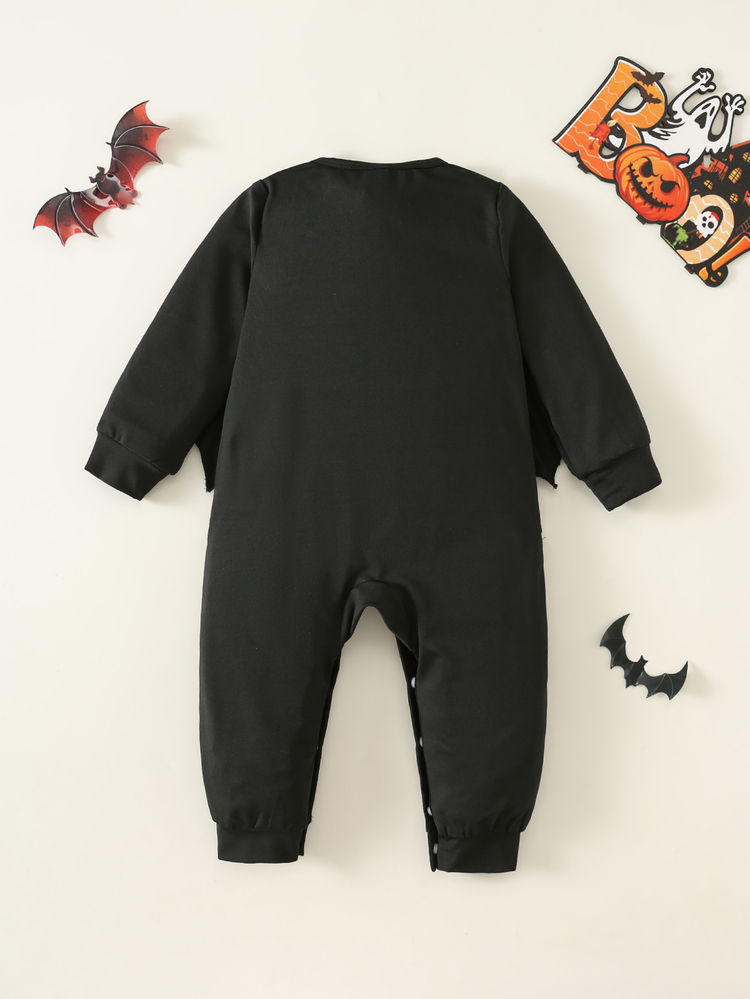 SHEIN Baby Boy Cartoon Bat Knit Soft Long Sleeve Jumpsuit, Versatile Comfortable, Suitable For Halloween - Black - View 2
