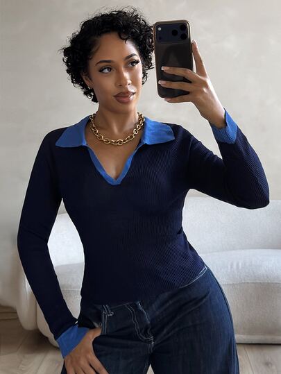 Slaydiva American Vintage Navy Blue Contrast Color Turn-Down Collar Sheer Ribbed Long Sleeve Top, Sexy Slim Fit V-Neck Thin Knit Sweater - A