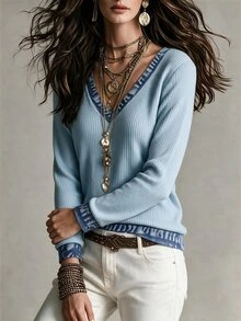 LUMIGAL Fashion Contrast Trim V Neck Sweatshirt Women Ribbed Long Sleeve Casual Hoodie - Multicolor - View 5