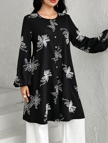 Graceveil 優雅女款寬鬆休閒長袖圓領刺繡襯衫，度假風 - 黑色 - 查看 3