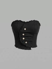 SHEIN MOD 女款不對稱下擺牛仔抹胸黑色鈕扣裝飾上衣 外出上衣 夜店之夜 夏季性感 - 黑色 - 查看 1