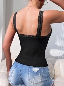 SHEIN 1件時尚蕾絲拼接細肩帶背心 - 黑色 - 查看 2