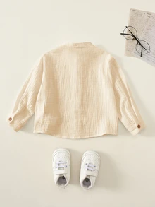 SHEIN 男嬰夏季秋季休閒百搭白色克ريب長袖立領襯衫 白色襯衫 返校時尚 - 杏色 - 查看 2